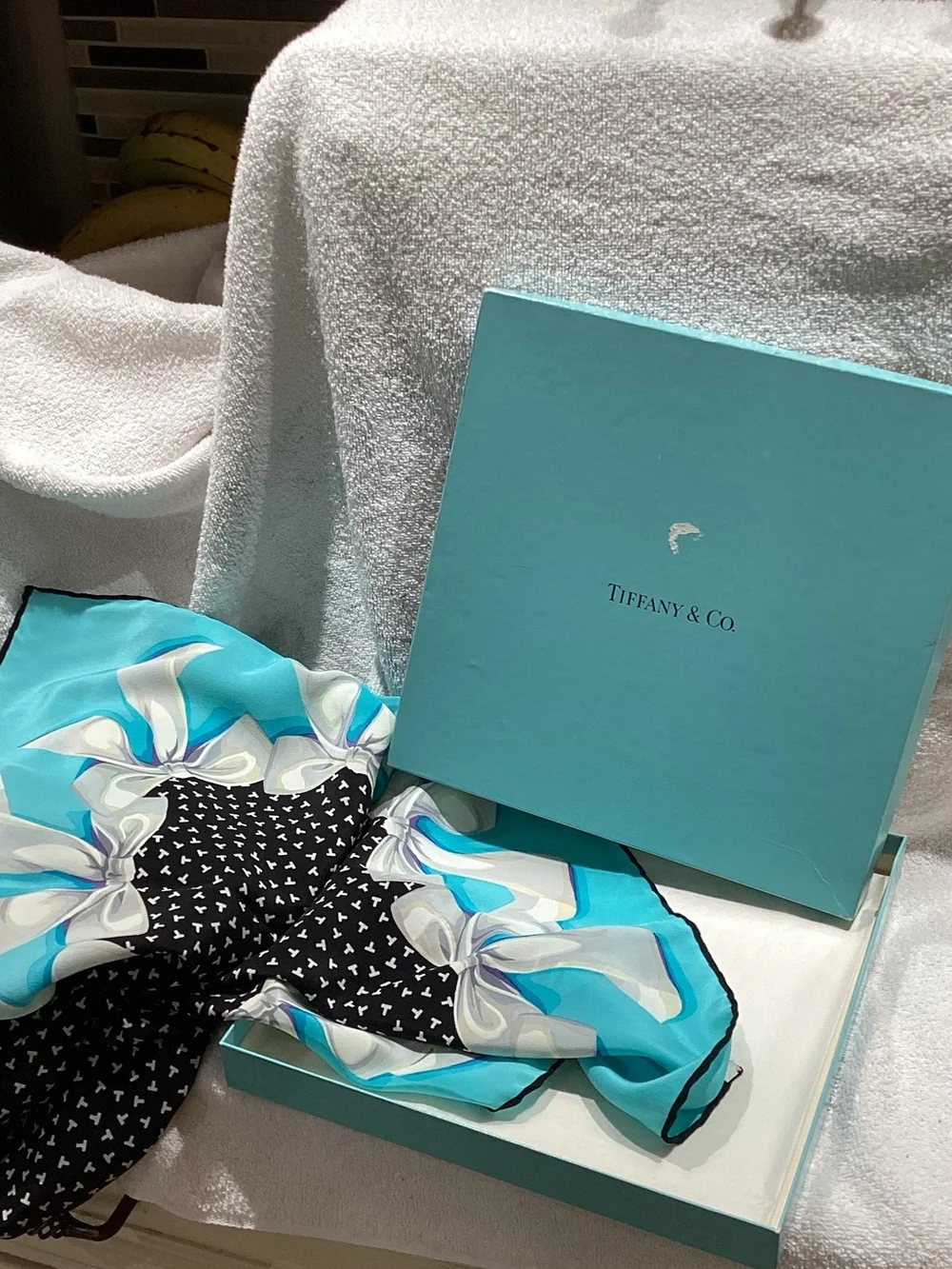 Tiffany & Co. Black Heart Print Scarf with Tiffany Blue Ribbon Border